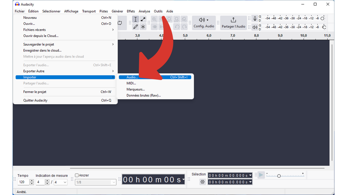 Rendez-vous dans le menu pour d'Audacity pour importer l'audio © Clubic