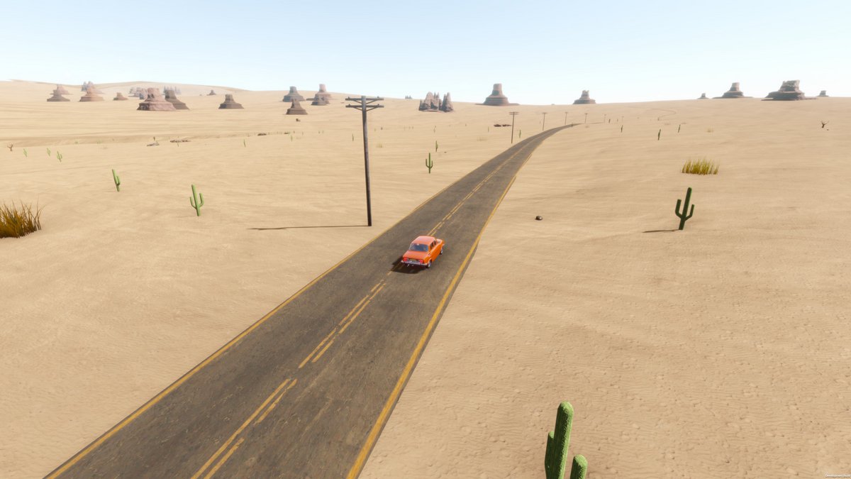 Une voiture solitaire avance sur une longue route déserte bordée de cactus, illustrant l’immensité et la quiétude du monde ouvert de The Long Drive.