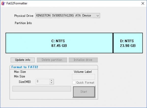 Les options de formatage sur Fat32Formatter, avec sélection du disque, paramètres de taille et lancement rapide du processus. - © Fat32Formatter