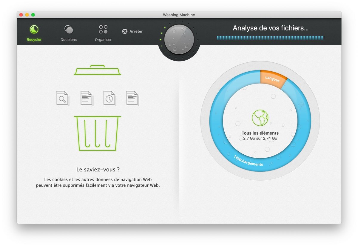 Interface de « recyclage » avec une analyse des fichiers et des conseils d'optimisation.