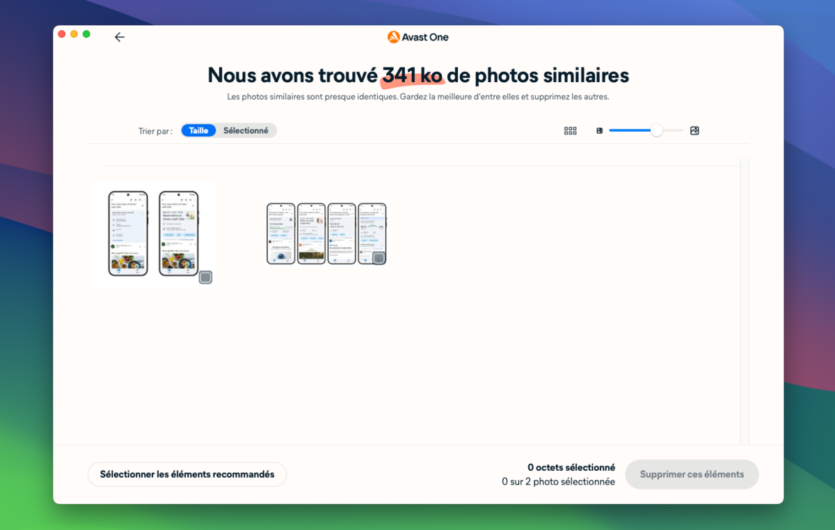 L'option de tri automatique des photos d'Avast One détecte les doublons et permet de les supprimer en un clic © Clubic