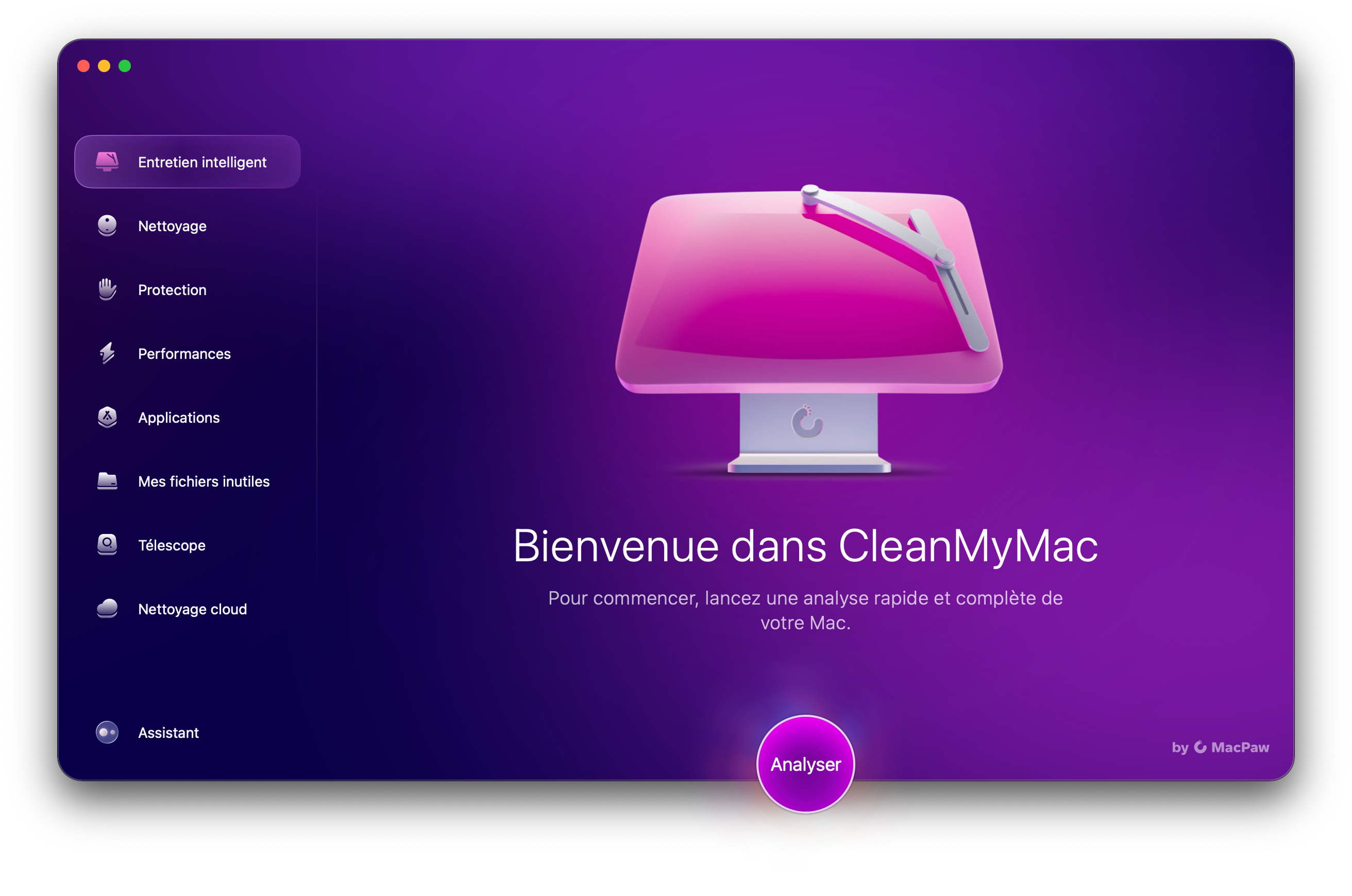Le tableau de bord, intuitif, rassemble les différentes fonctionnalités de CleanMyMac.