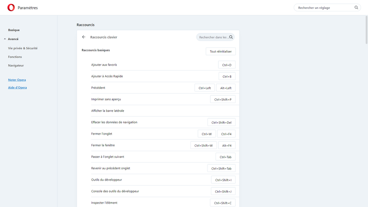 Les raccourcis clavier sont personnalisables sur Opera.