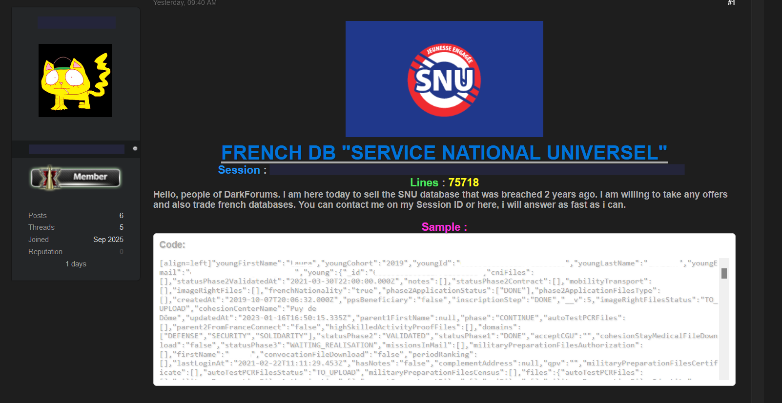 Extrait de l’annonce publiée sur un forum du dark web, où un utilisateur met en vente une base de données présentée comme issue du Service National Universel. © Clubic