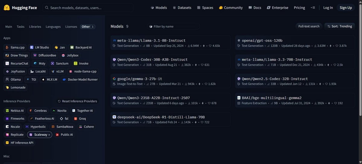 La liste des modèles disponibles sur Hugging Face via Scaleway © Capture d'écran Clubic