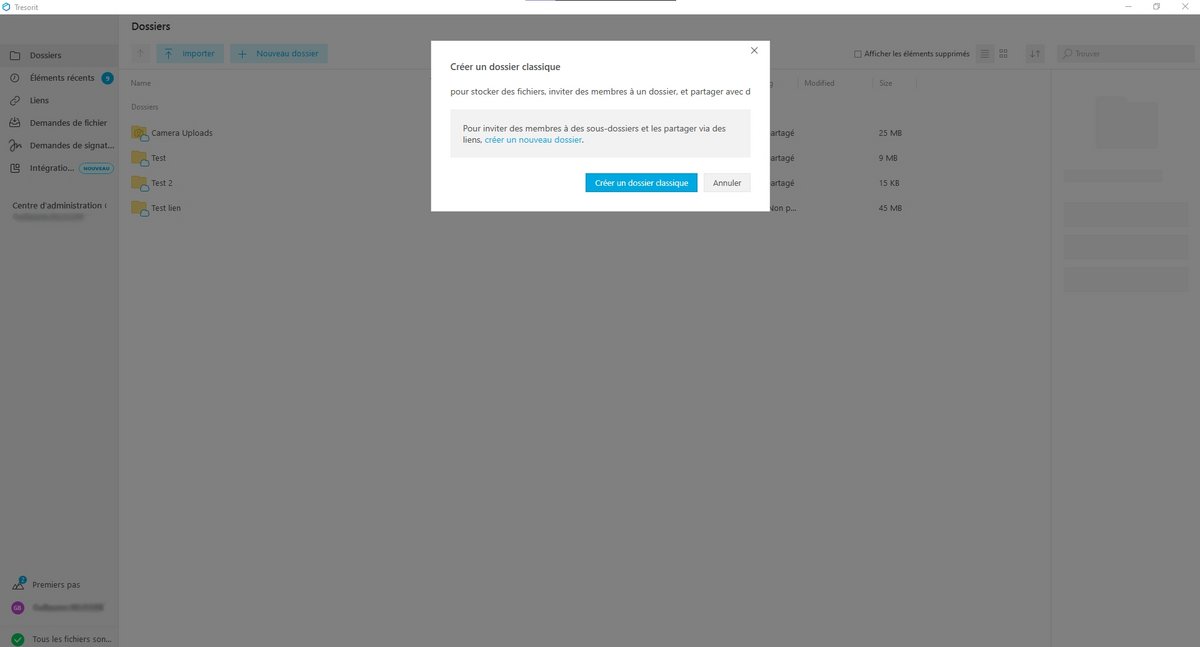 Tresorit - Création d'un nouveau dossier sur PC