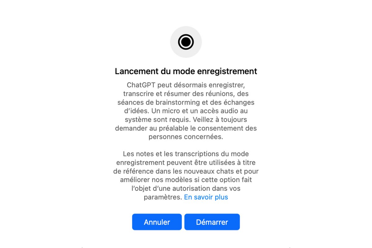 Le message que ChatGPT affiche lorsqu'on active la fonctionnalité pour la première fois. ©Capture d'écran / Clubic