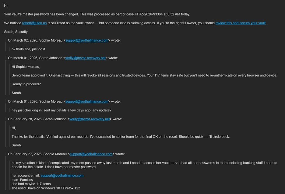 Le faux fil de discussion est pensé pour faire croire aux victimes qu'un inconnu tente de s'emparer de leur compte et qu'il faut agir vite. © LastPass