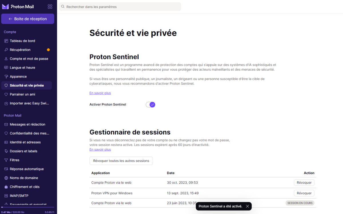 Proton Mail - Activez le programme Sentinel