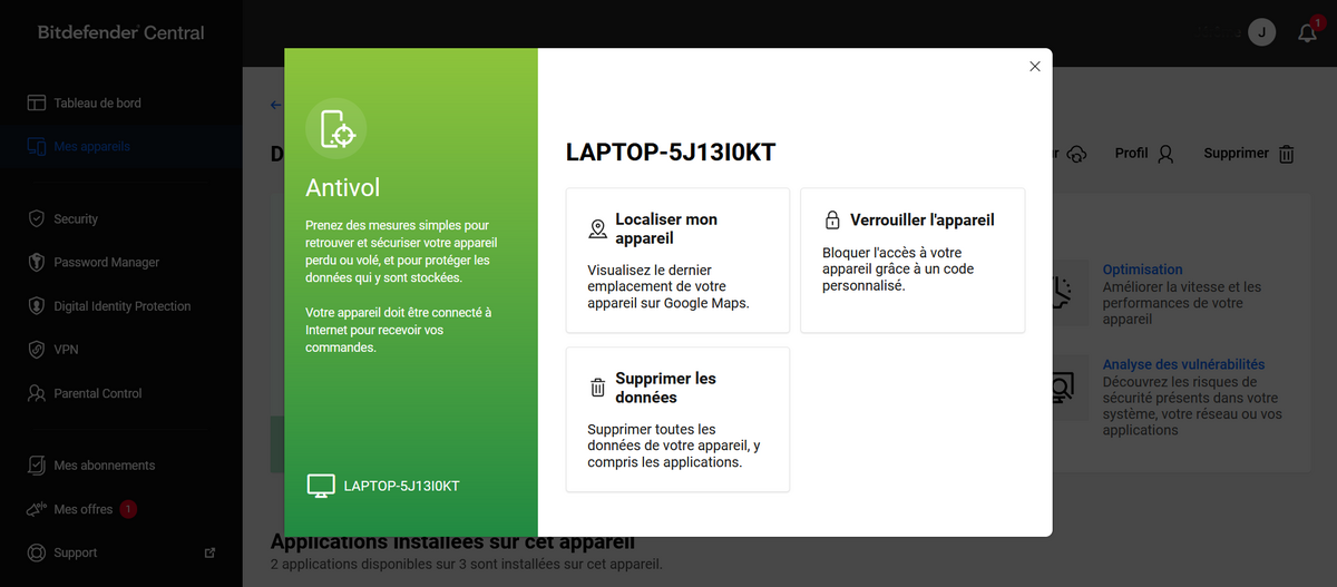Bitdefender Central -  Commandes de l'Antivol