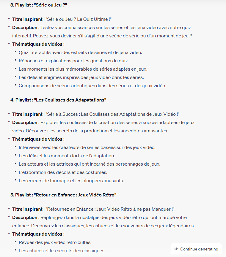 Prompt pour la création d'une playlist YouTube sur ChatGPT (suite) © Clubic