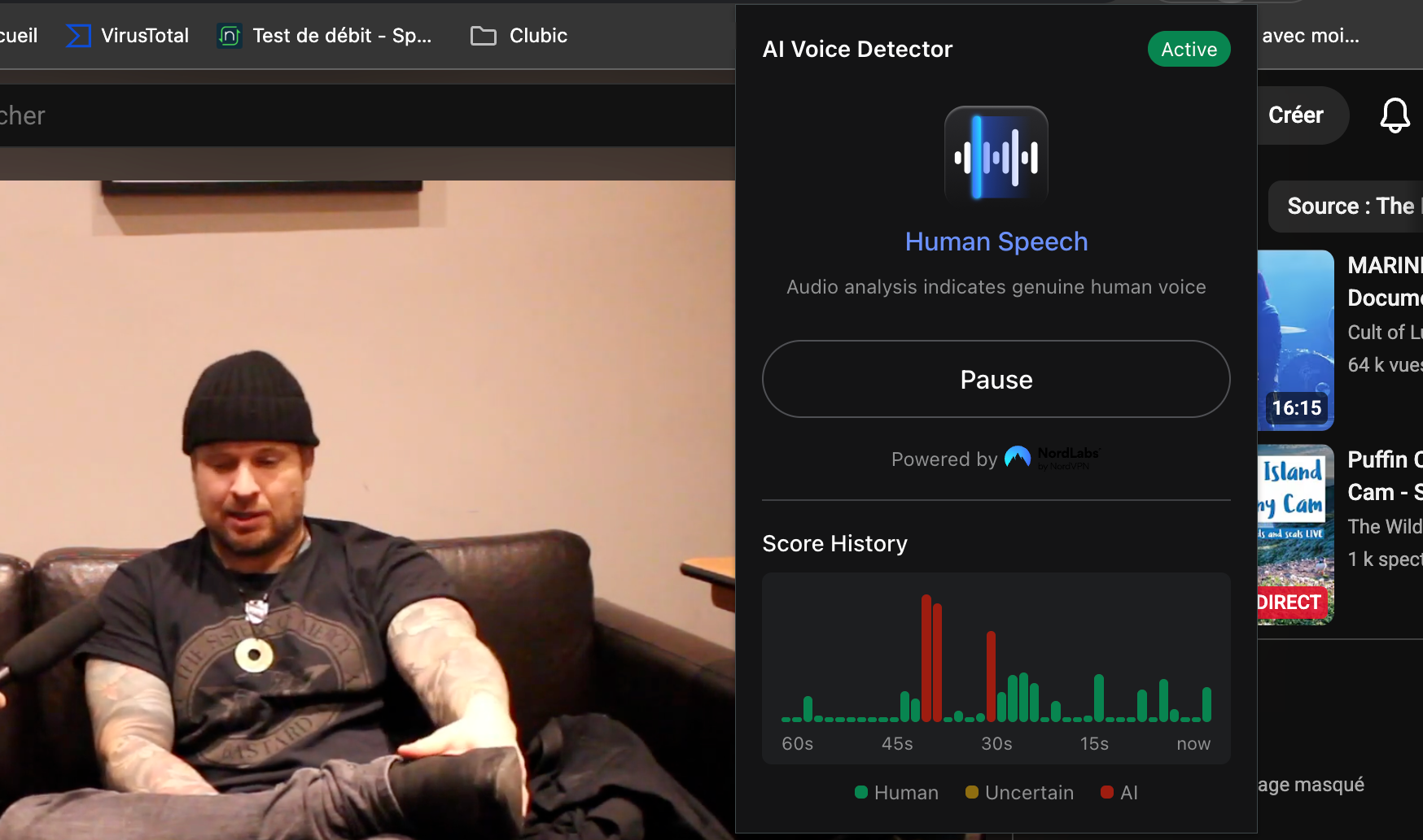 Le détecteur de voix IA intégré à NordVPN affiche un score de génération à l'aide de l'intelligence artificielle, à prendre comme une indication davantage que comme une preuve. © Clubic