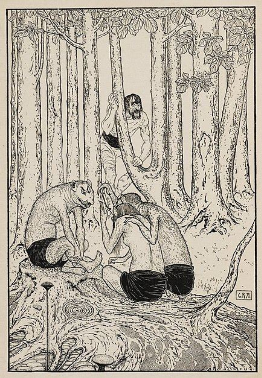 Lithographie de Charles Robert Ashbee pour la première édition de L'Ile du Dr. Moreau, H. G. Wells (William Heinemann, 1896).