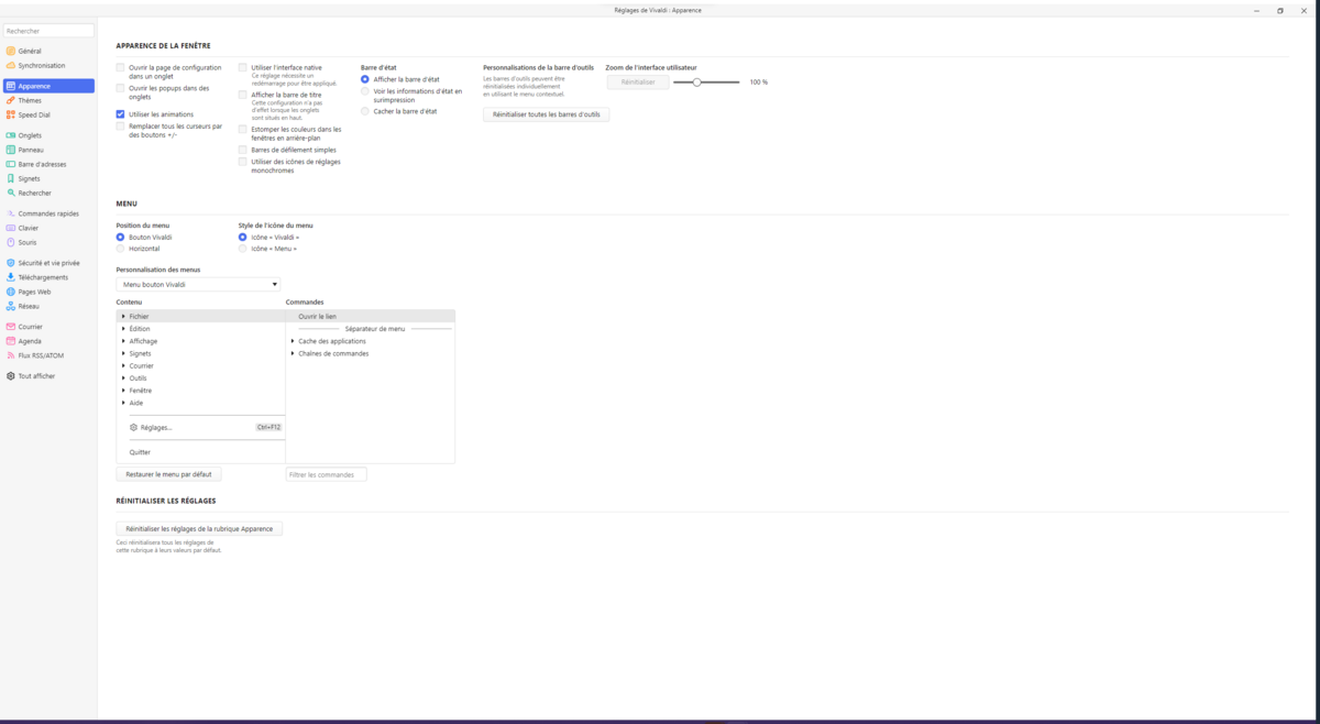 Vivaldi - Les paramètres de l'interface