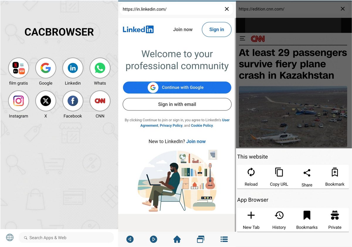 Interface d’accueil de l'application sur mobile, présentant les principales plateformes accessibles en un seul écran. - © Cac Browser