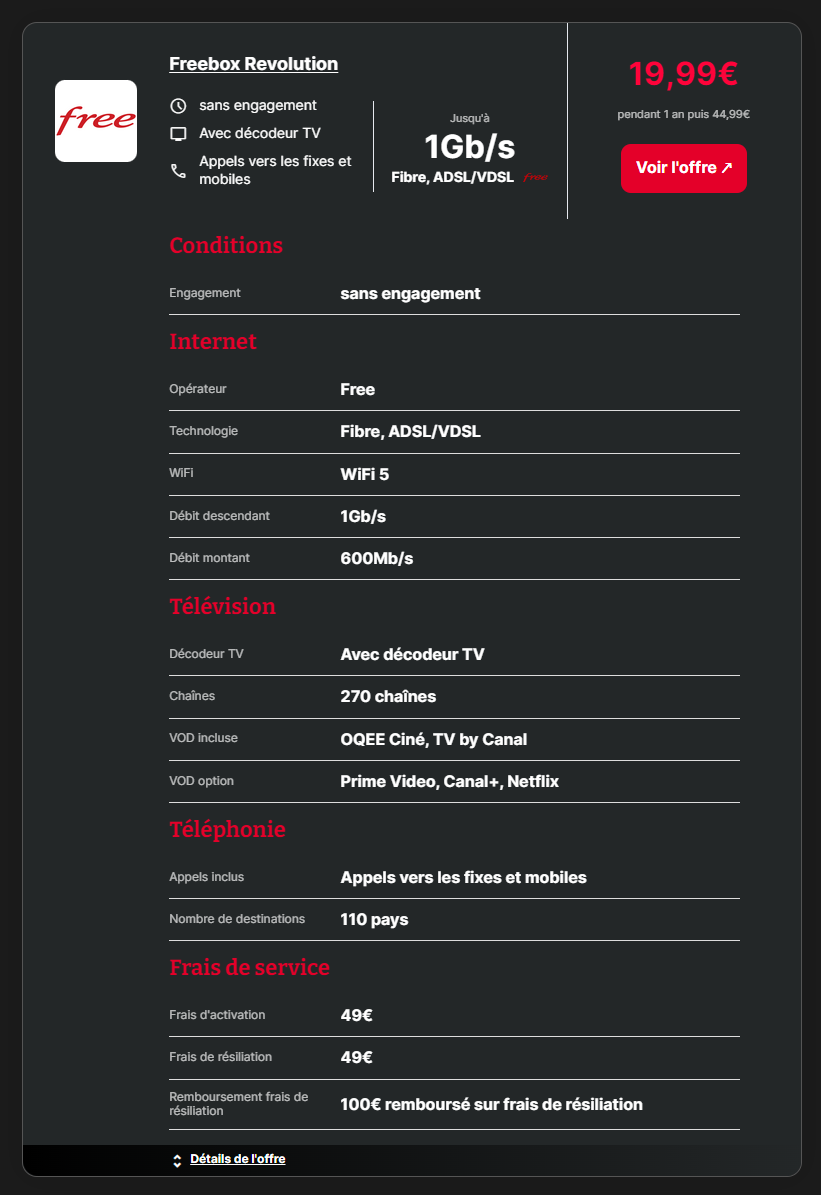 En cliquant sur "Détails de l'offre", le descriptif complet du forfait remonté par notre comparateur s'affiche automatiquement. © Clubic