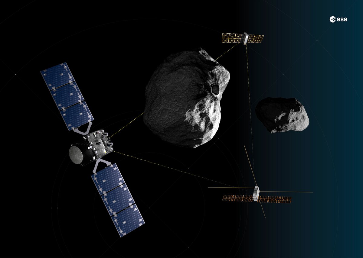 Vue d'artiste des tests et de la navigation relative entre les trois satellites et les astéroïdes © ESA