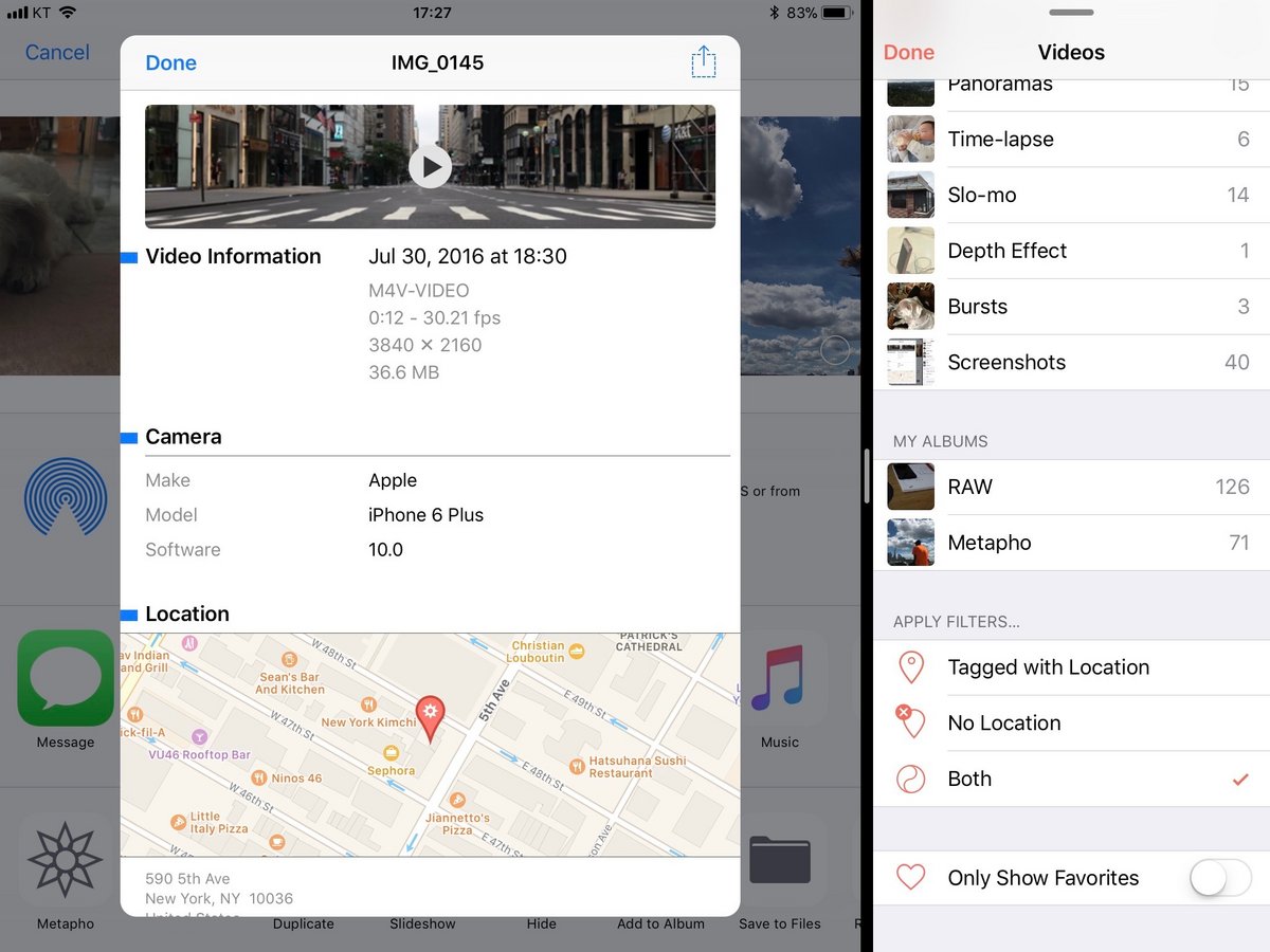 Aperçu d’une vidéo avec les métadonnées détaillées : format, résolution, appareil utilisé et emplacement précis sur la carte, ainsi que les options de gestion des albums et filtres de localisation. - © Metapho