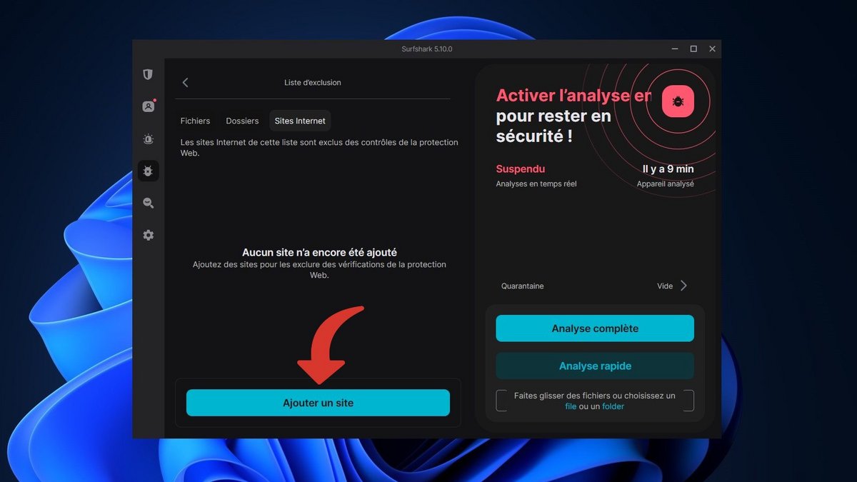 Surfshark Antivirus - Ajoutez des sites web à votre liste d'exclusion © Clubic