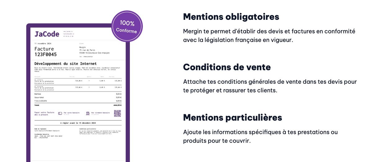 Des modèles de factures conformes disponibles dans l'app © Mergin