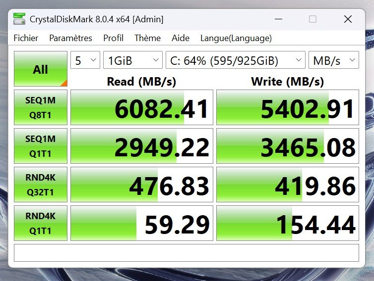 Les performances du SSD sous CrystalDiskMark. ©Nathan Le Gohlisse pour Clubic
