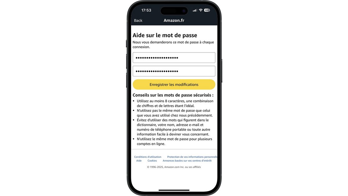 Enregistrer un nouveau mot de passe Amazon après sa réinitialisation © Clubic
