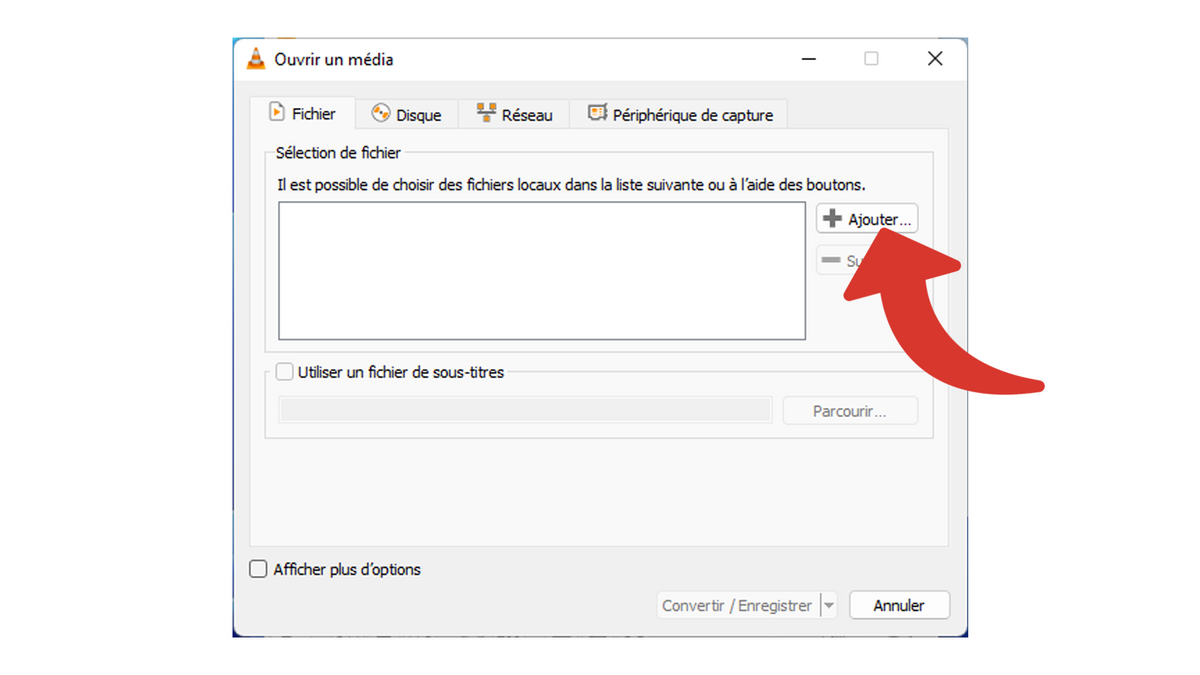 Cliquer pour Ajouter un fichier à convertir avec VLC © Clubic