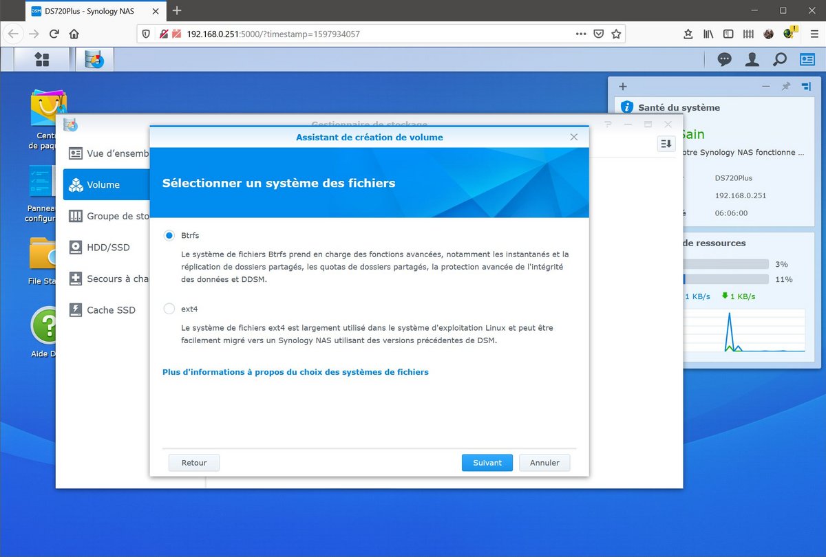 Au choix, deux systèmes de fichiers sont disponibles chez Synology : Btrfs ou ext4 © Nerces pour Clubic
