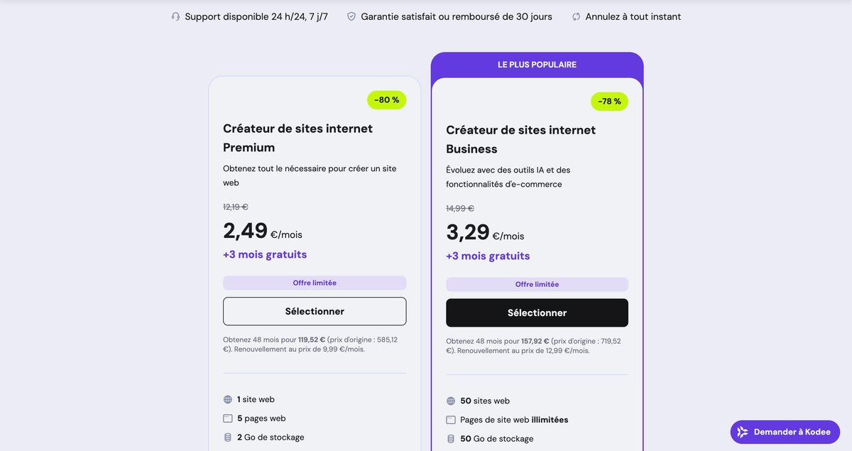 Créateur de sites web Hostinger - Tarifs et fonctionnalités de la solution. ©Hostinger