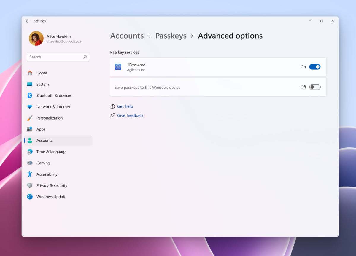 Windows 11 s'allie à 1Password pour proposer une gestion native des passkeys stockées par les gestionnaires de mots de passe tiers. © Microsoft