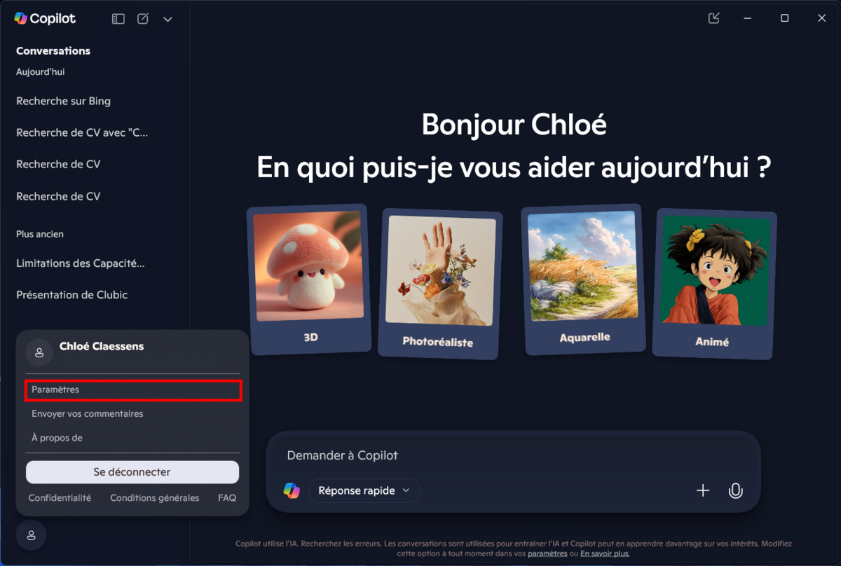 Accédez aux paramètres de Copilot. © Clubic