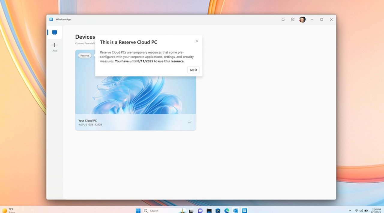 Un aperçu de la page d'accueil de Windows 365 Reserve - ©Microsoft