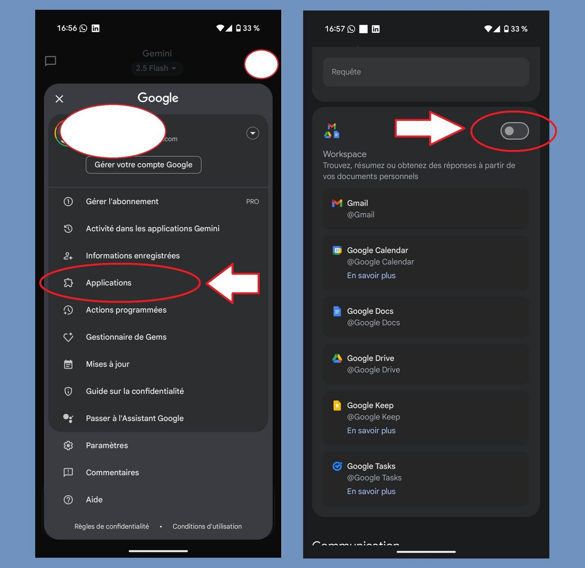 Faites attention à ce que le bouton Worspace soit bien désactivé, si vous ne voulez pas de Gemini sur ces services Google que vous utilisez © Alexandre Boero / Clubic