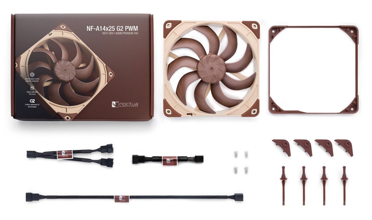 Le NF-A14x25 G2 PWM et son kit, toujours très complet © Noctua