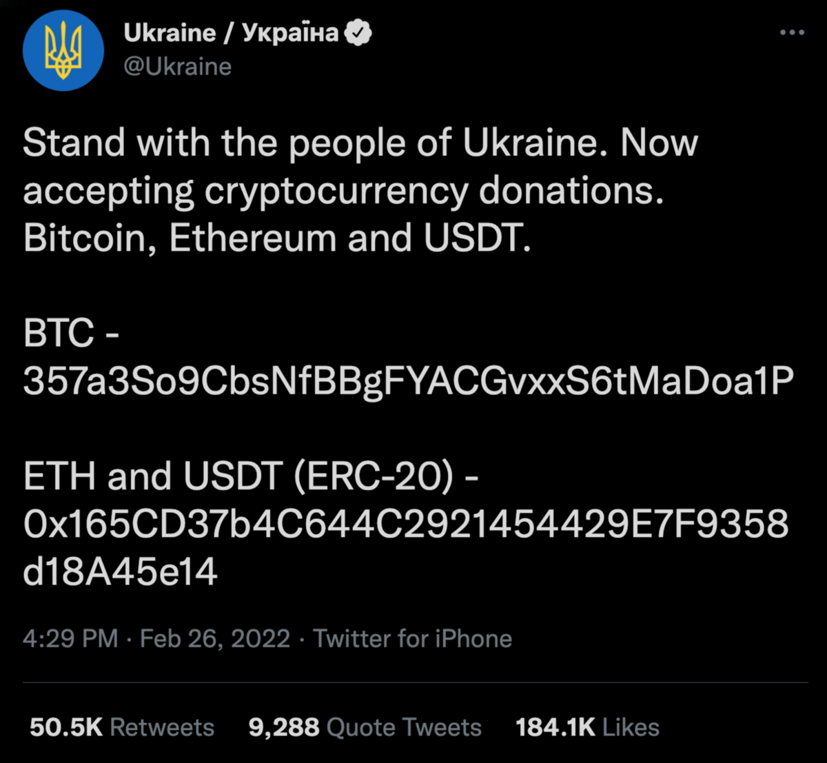 L'appel aux donations pour soutenir l'Ukraine via les crypto-monnaies