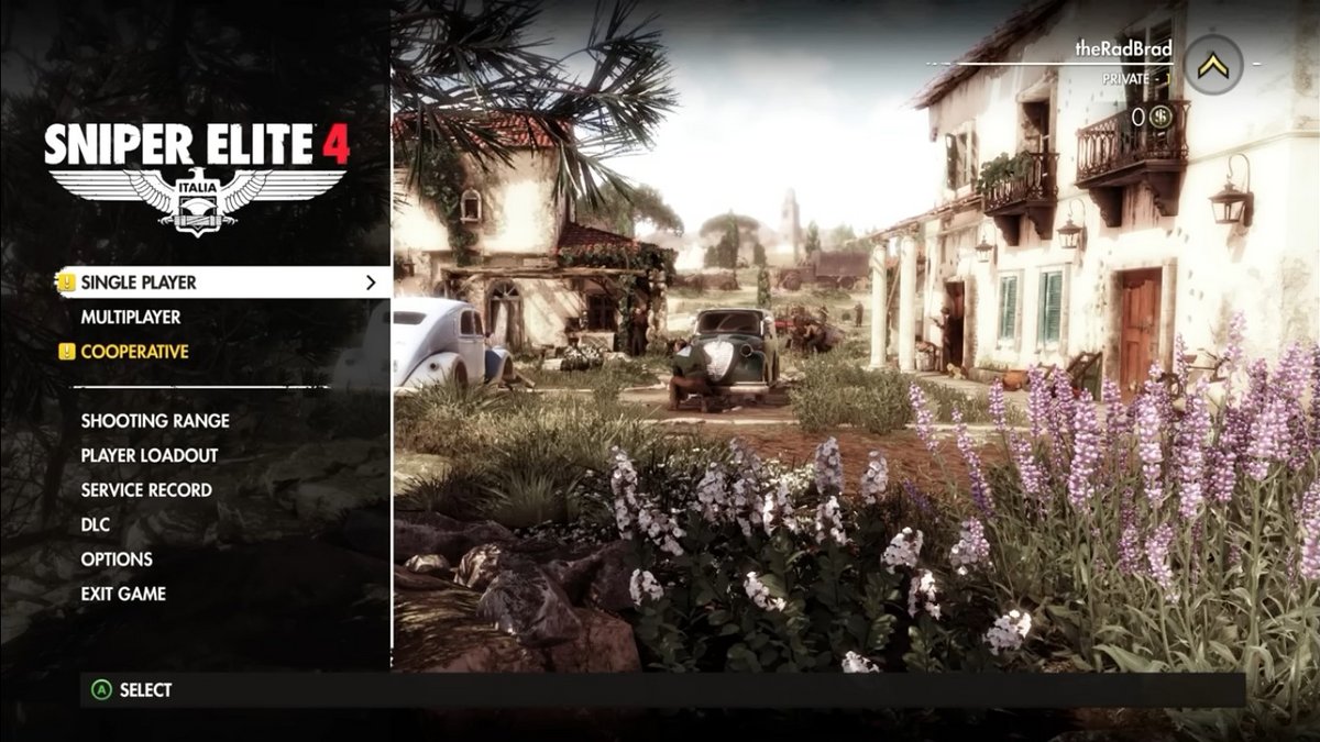 Menu principal de Sniper Elite 4, avec les différents modes de jeux : solo, multijoueur et coop, dans un décor italien lumineux. - © Sniper Elite 4
