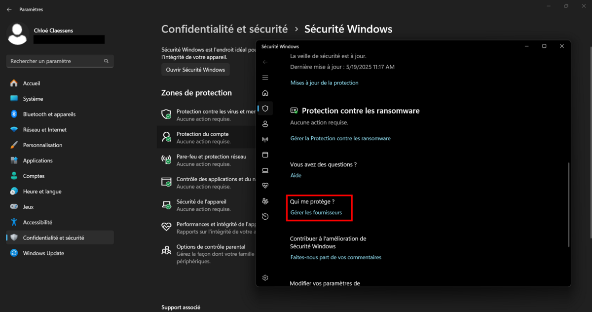 Vérifiez que Microsoft Defender (ou votre antivirus habituel) est bien considéré comme votre outil de protection par défaut dans la liste des fournisseurs recensés par le système. © Clubic