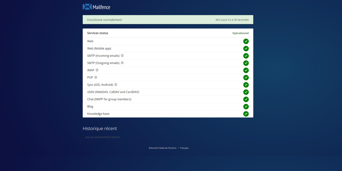 Il est possible de connaître à tout moment l'état des services Mailfence © Mailfence