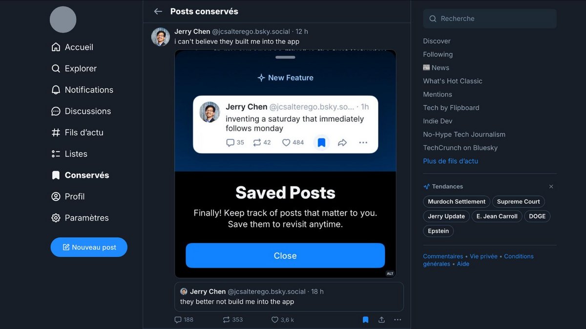 Une nouvelle section pour enregistrer vos posts préférés. ©Bluesky