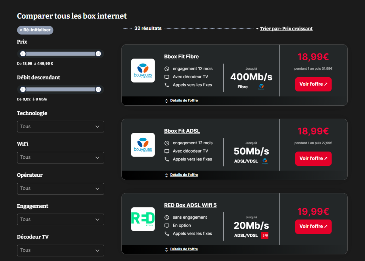 C'est dans la colonne de gauche du comparateur que vous pourrez affiner vos recherches en jouant sur les champs : prix, débit, technologie, etc. © Clubic