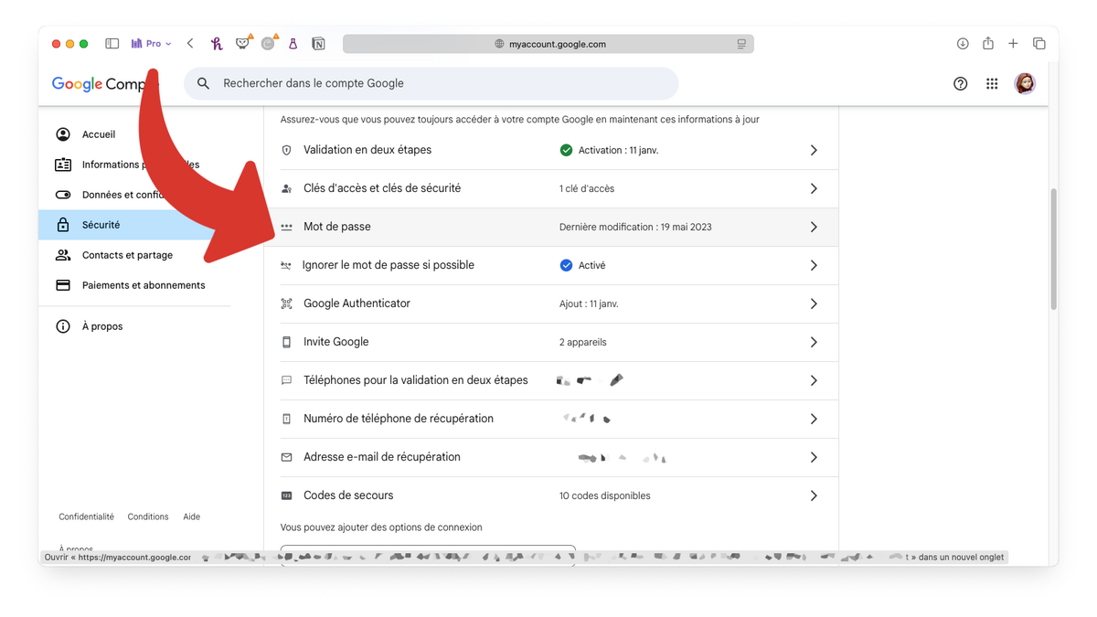 Accéder à la modification du mot de passe Google © Clubic