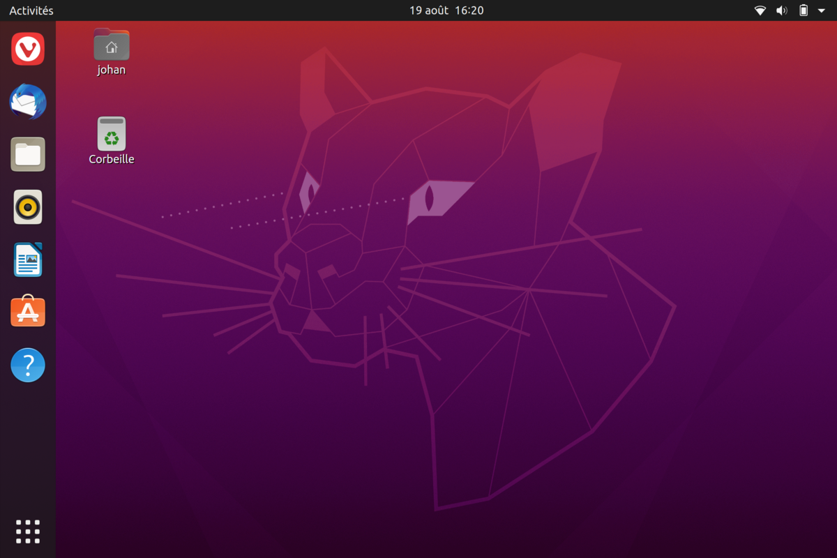 Interface utilisateur classique d'Ubuntu avec son arrière-plan emblématique.