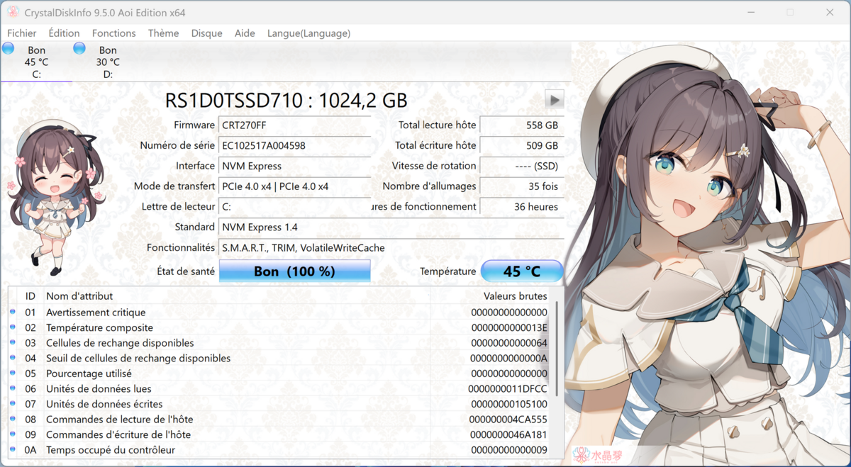 CrystalDiskInfo met en évidence l'interface PCIe Gen 4 x4 du SSD retenu par NiPoGi. ©Nerces pour Clubic