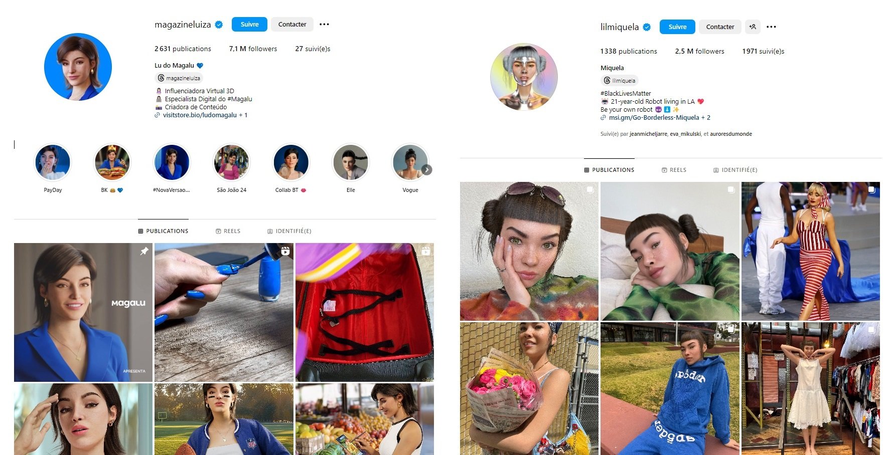 Les "fausses" influenceuses Lu Do Magalu et Miquela © Captures d'écran Instagram / Clubic