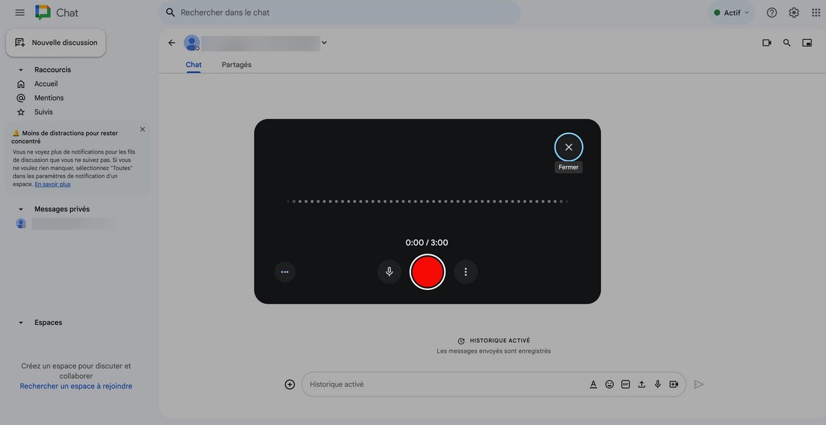Voici comment s'affiche la boîte d'enregistrement d'un message vocal sur Google Chat © Mathilde Rochefort pour Clubic