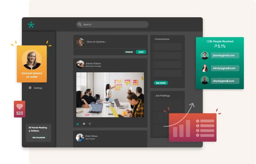 Exemple de ce qu’il est possible de concevoir avec Adalo : une application collaborative complète, combinant plusieurs écrans, composants visuels et outils d’interaction.  - © Adalo
