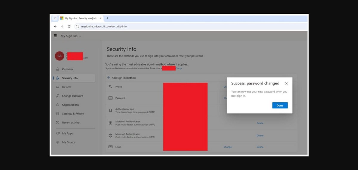 On voit ici le changement du mot de passe utilisateur © Proofpoint