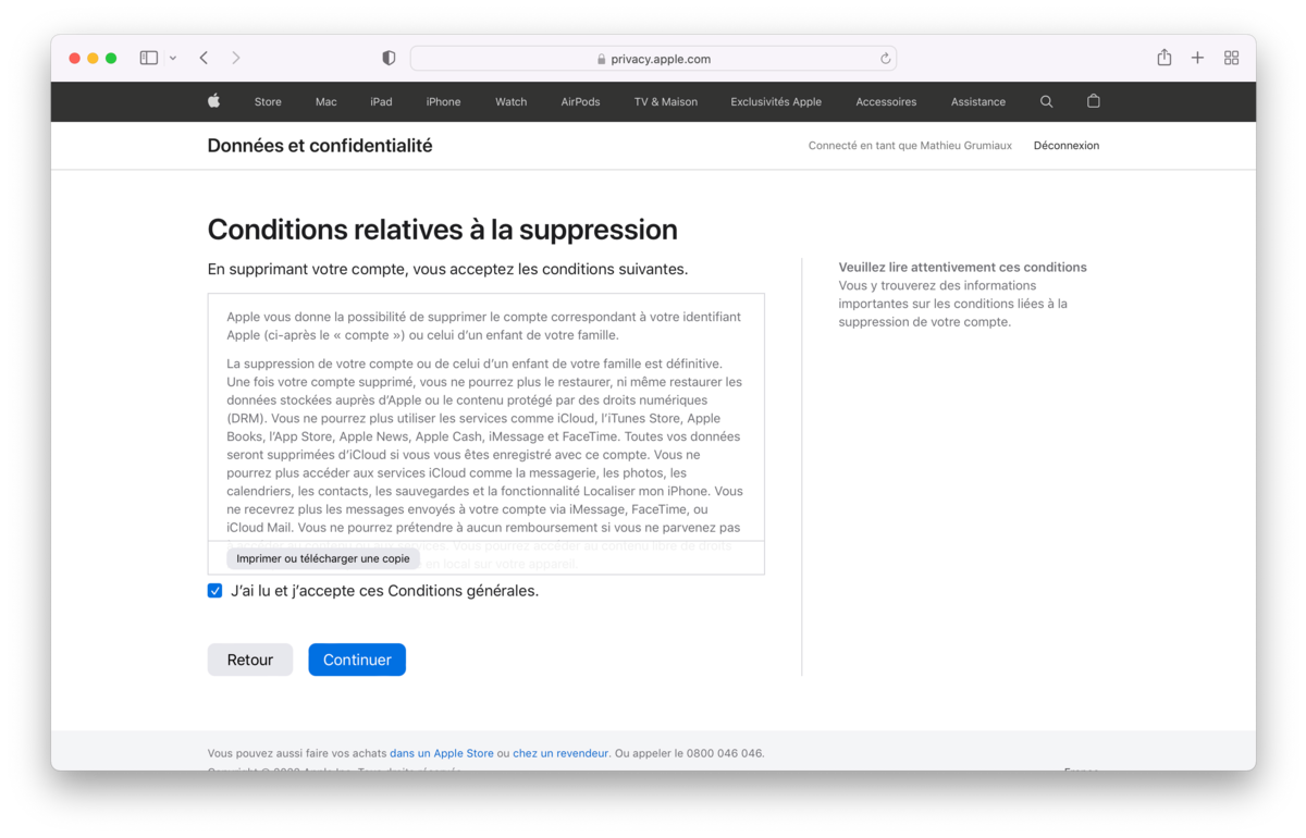 iCloud - Accepter les CGU pour supprimer son compte © Clubic.com