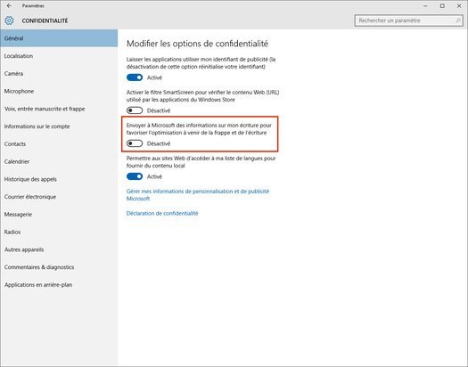 Réglage pour désactiver l'envoi de vos frappes à Microsoft